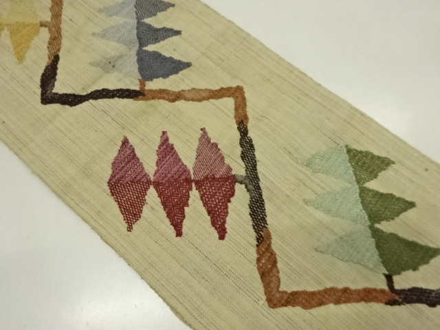 アンティーク　手織り真綿紬抽象枝葉模様織り出し名古屋帯
